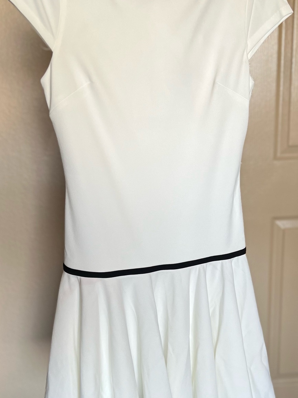 Classic White Womens Drop Waist Dress with Black Waist Trim